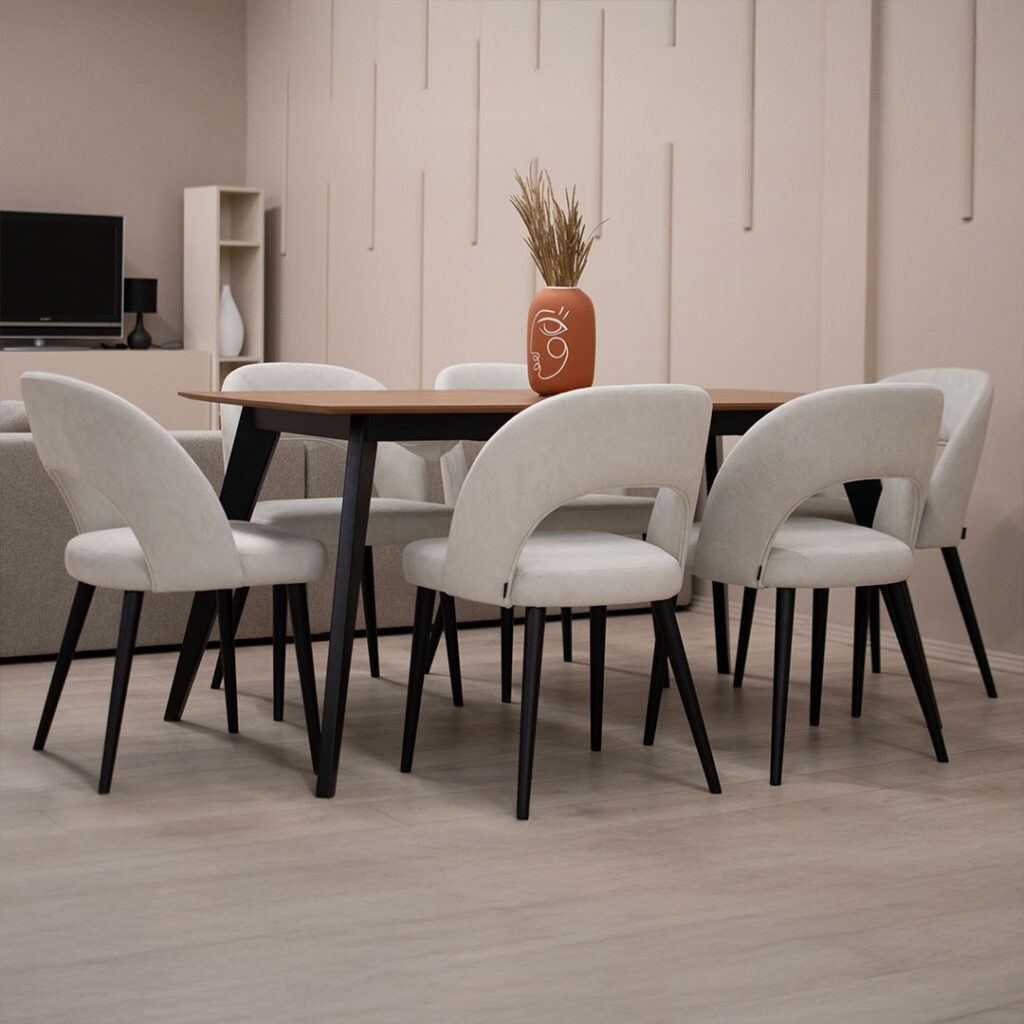 Трпезариски сет со маса Ригел со орев MDF плотна и столици во крем велвет.