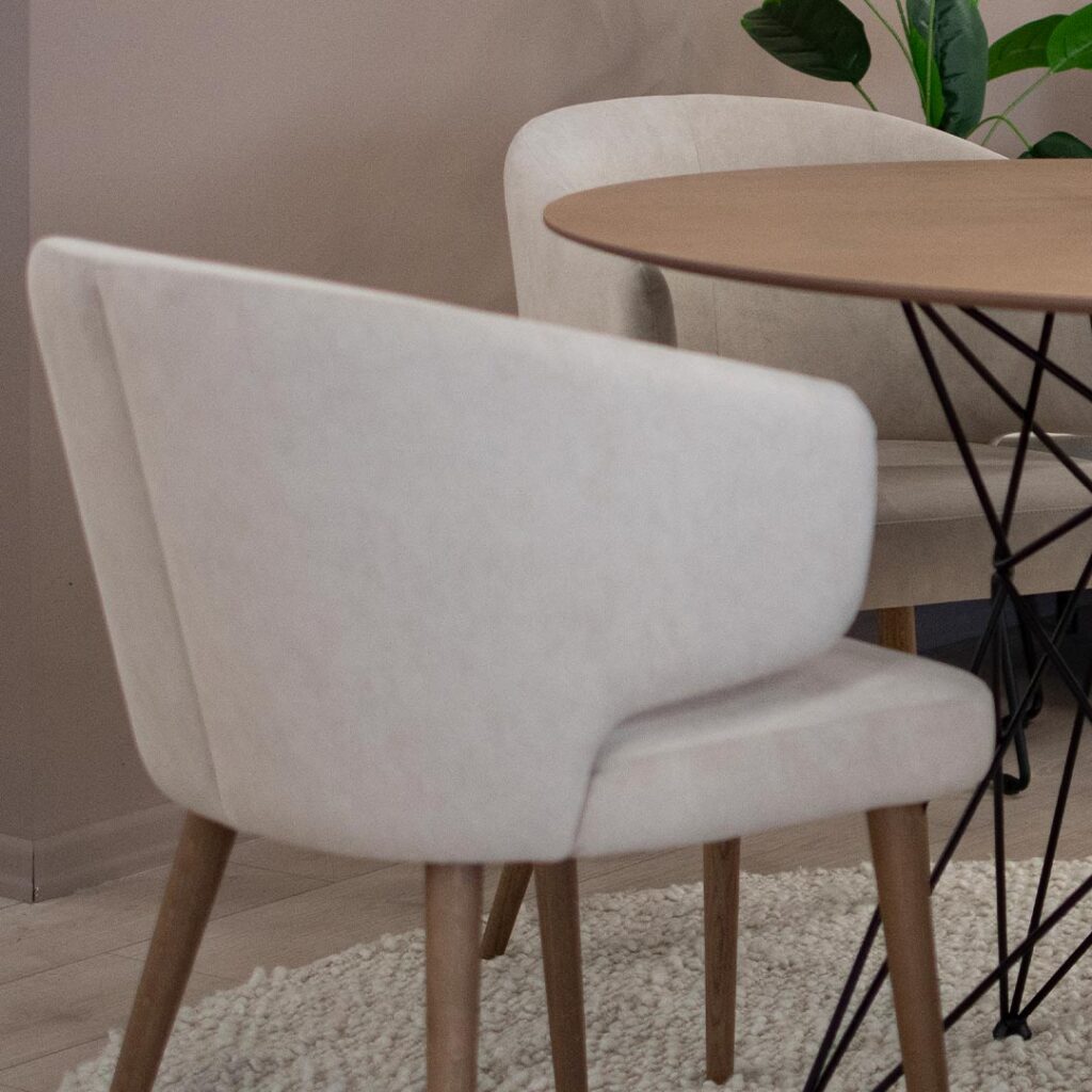 Трпезариски сет со мала крузна маса цо плотна даб и црн метал, со 4 удобни столици со раконаслон во крем велевт.