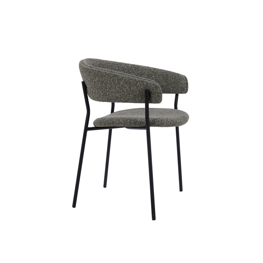 Dining chair in green upholstery and black metal legs.