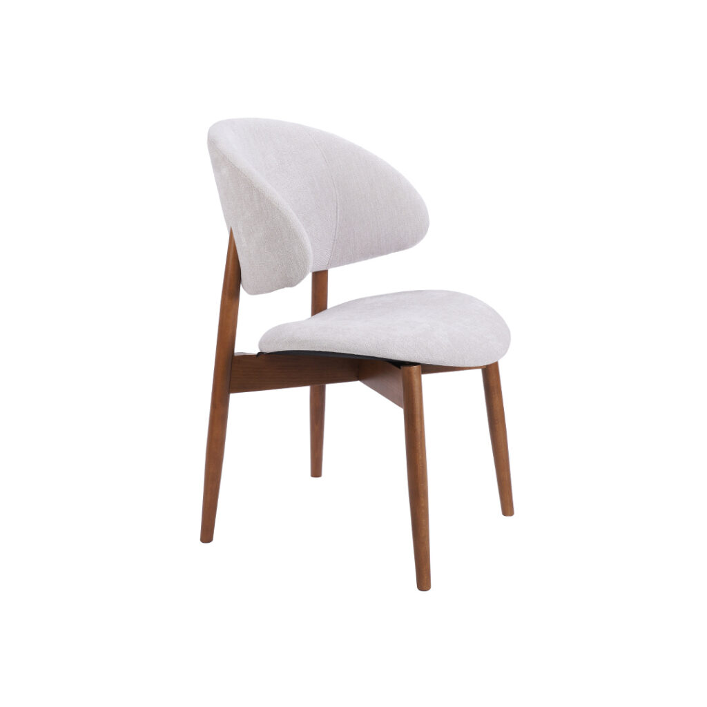 Dining chair with wooden beech legs and white upholstery.