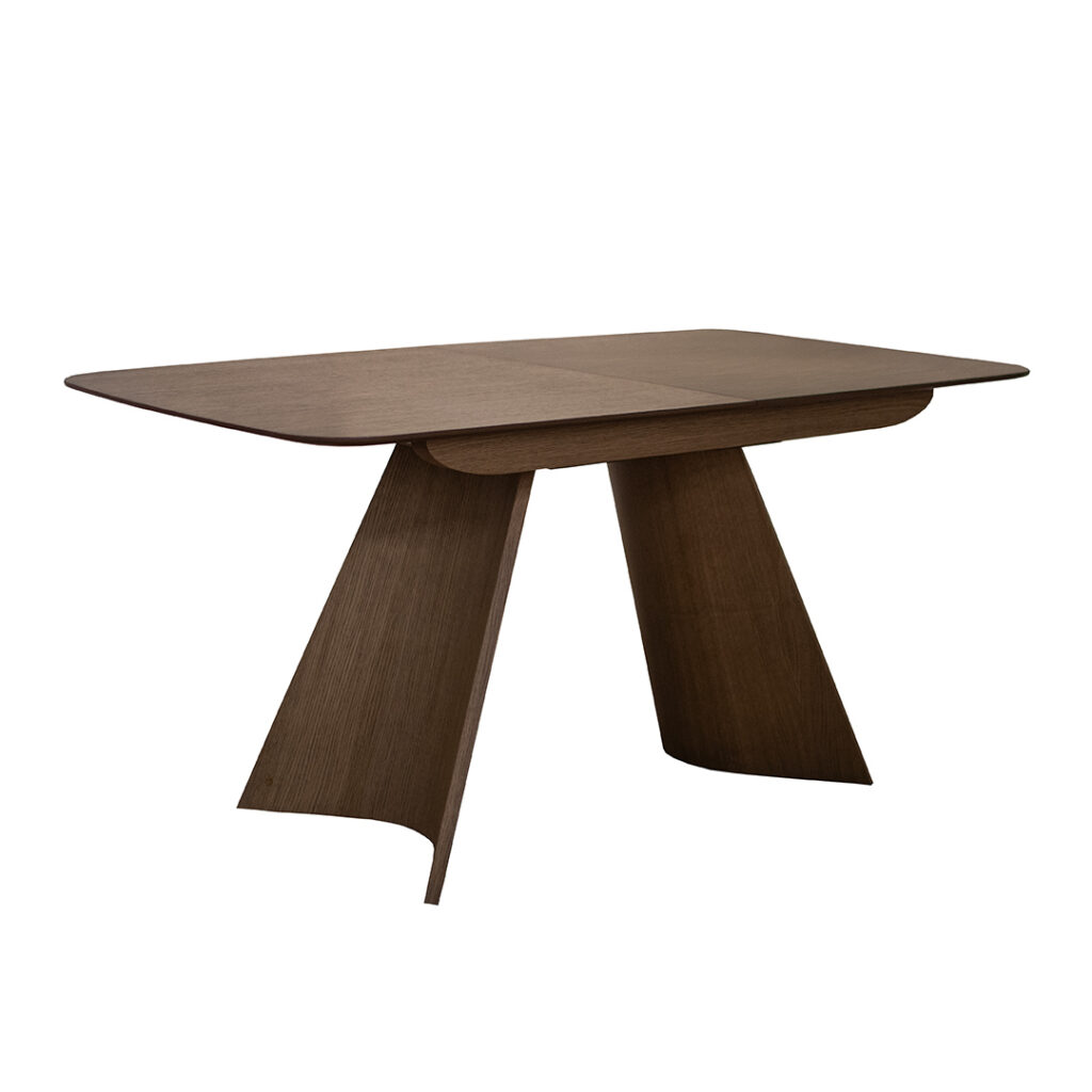 Extendable Orbis dining table in oak with curved sculptural base, modern wooden dining table isolated on white background
