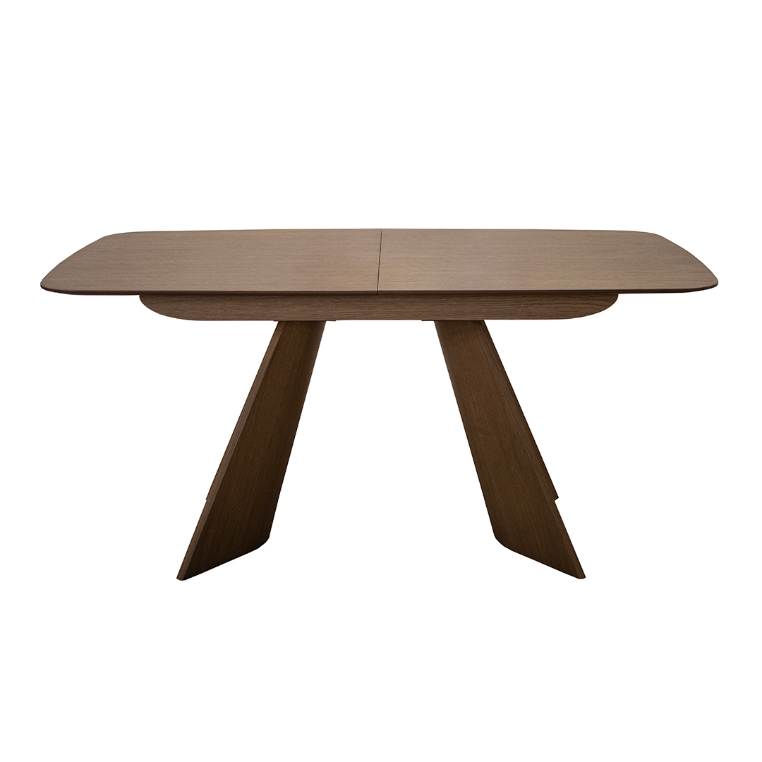 Extendable Orbis dining table in oak with curved sculptural base, modern wooden dining table isolated on white background