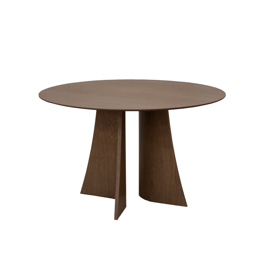 Round Astra dining table in oak with sculptural central base, modern wooden dining table isolated on white background