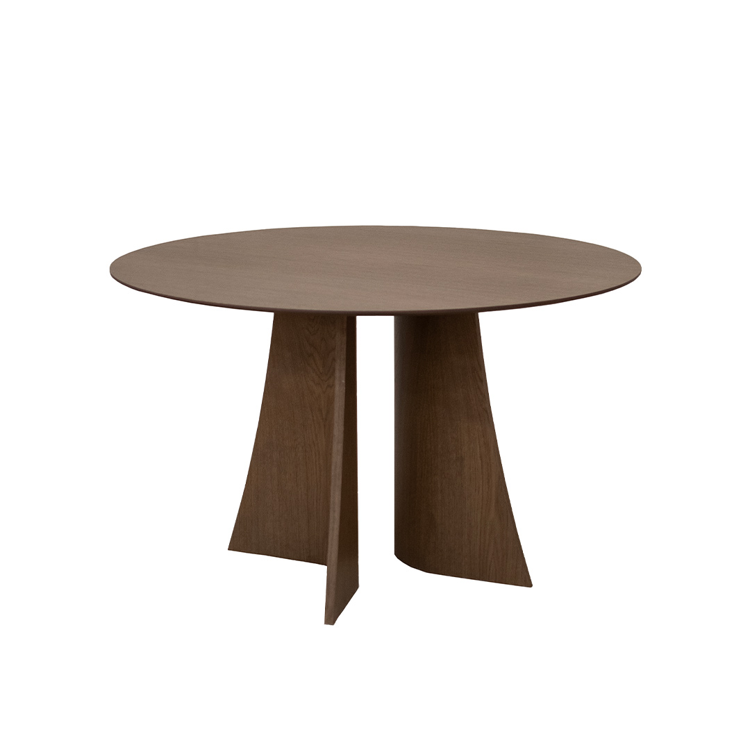 Round Astra dining table in oak with sculptural central base, modern wooden dining table isolated on white background