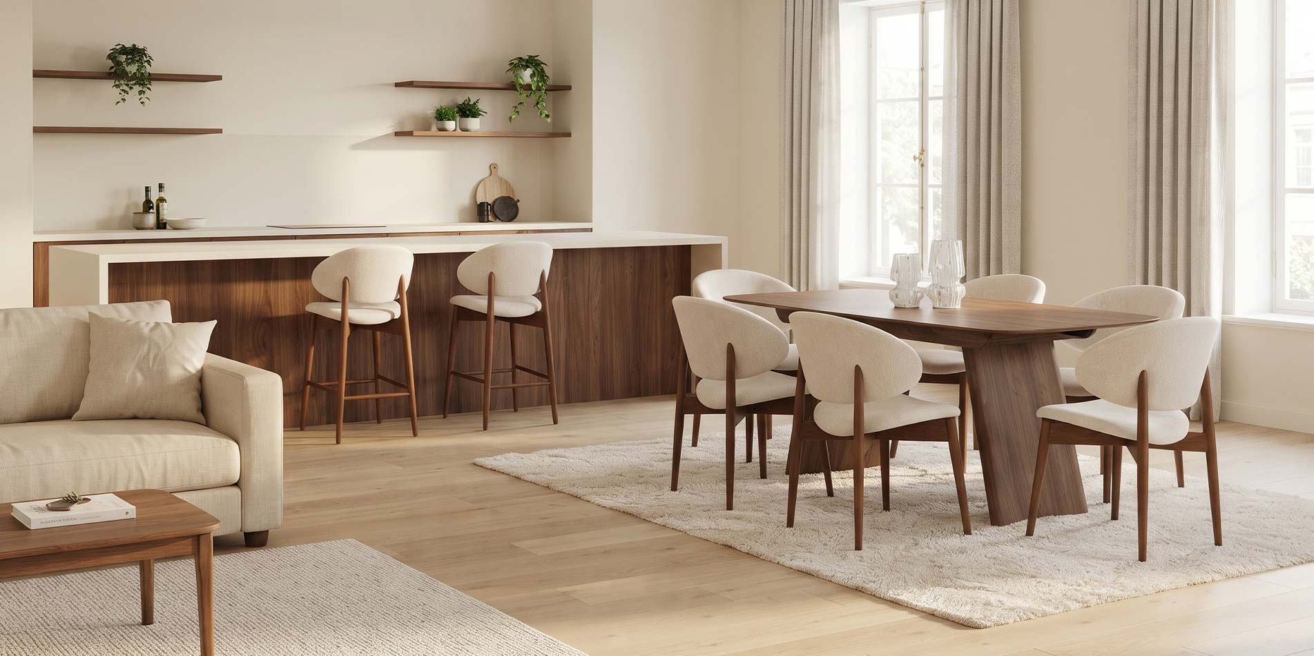 Open space living room in walnut decor, with counter chairs of beech wood and cream upholstery.