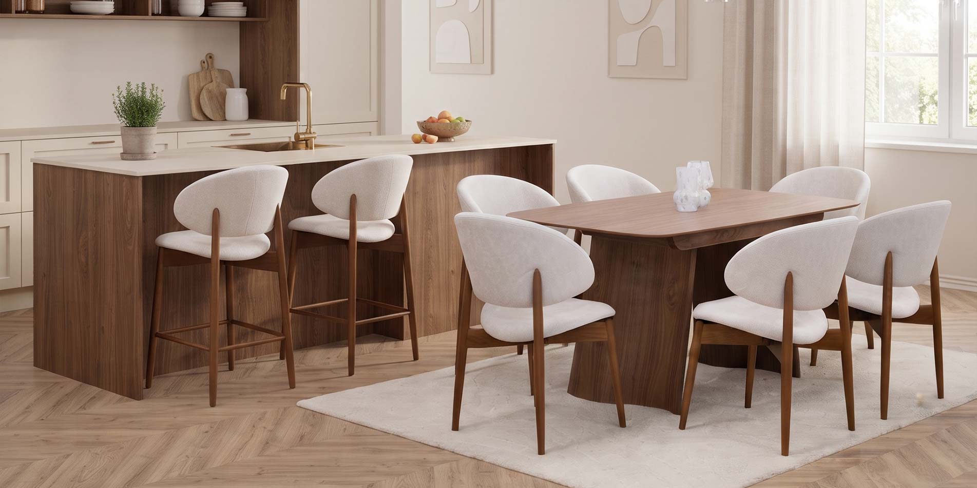 Counter chairs in walnut interior, made of beech wood and cream upholstery