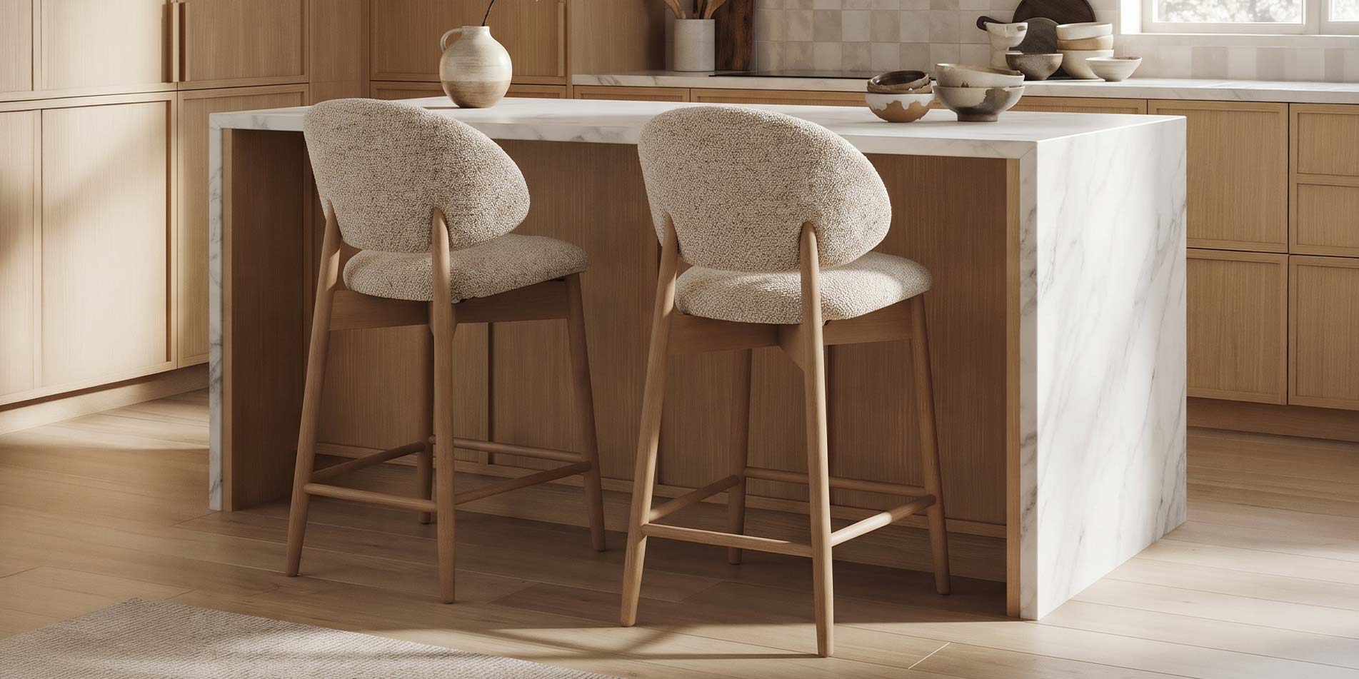 Counter chairs Celine with oak wood and beige upholstery, on kitchen counter.